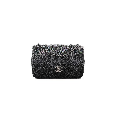 CHANEL SEQUIN MINI RECTANGULAR FLAP BLACK SILVER AS3965 (20*15*7cm)